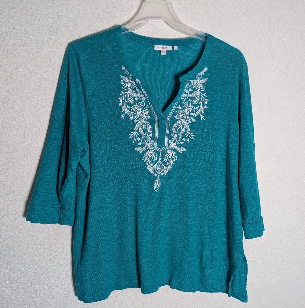 Chicos Womens Shirt 100% Linen Green Embroidered Floral V-Neck 3/4 Sleeve XXL 4‎